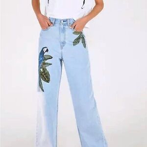 Farm Rio parrot print wide leg jeans - light wash